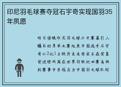 印尼羽毛球赛夺冠石宇奇实现国羽35年夙愿